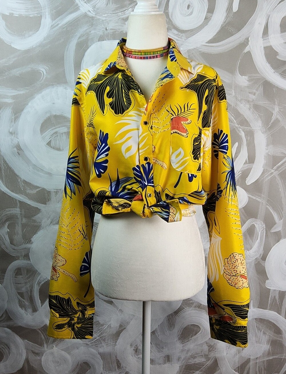 MAEVE by Anthropologie Wmns S Yellow Botanical Tropical Lng Slv Blouse Shirt
